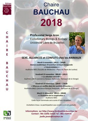 Invitation à la leçon de clôture "L'Evolution de la coopération" de la Chaire Bauchau 2018 "SEXE, ALLIANCES et CONFLITS chez les ANIMAUX"