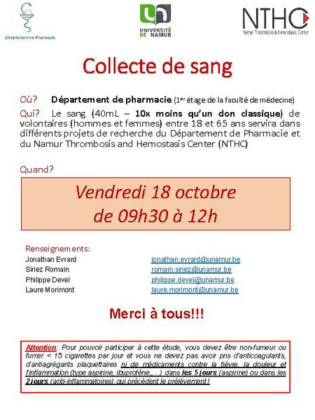 Collecte de sang - Département de Pharmacie - Vendredi 18 octobre 2019 de 9h30 à 12h