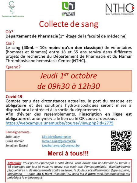 Collecte de sang - Département de Pharmacie -  1er Octobre 2020 de 9H30 à 12H30