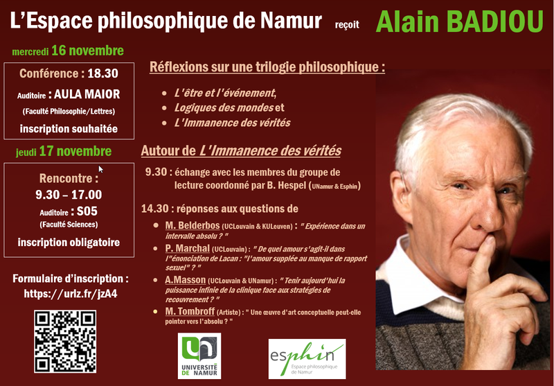L'Espace philosophique de Namur reçoit Alain BADIOU